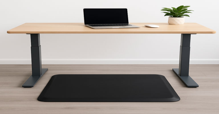 Modern standing desk setup with black anti-fatigue mat – ergonomic home office for comfort and productivity (2025)