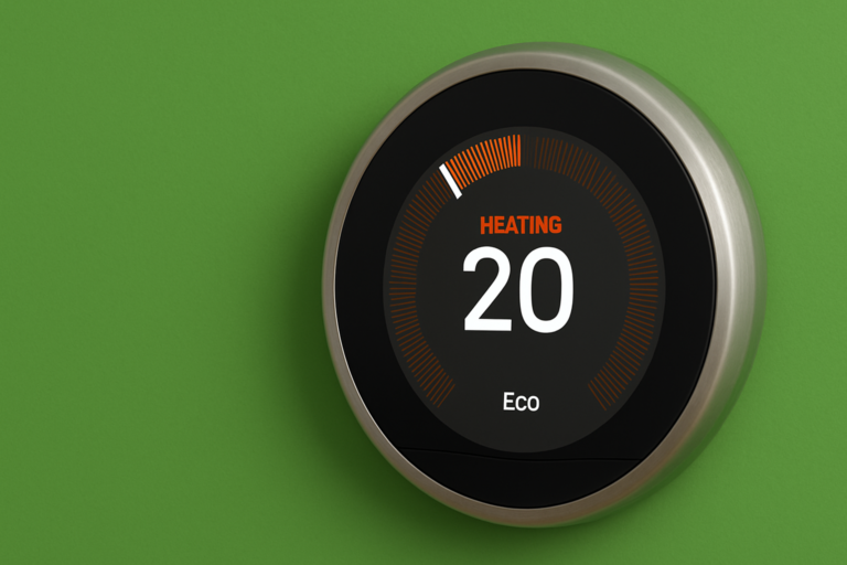 Smart thermostat set to 20 degrees in eco mode on a green wall, ideal for Irish homes