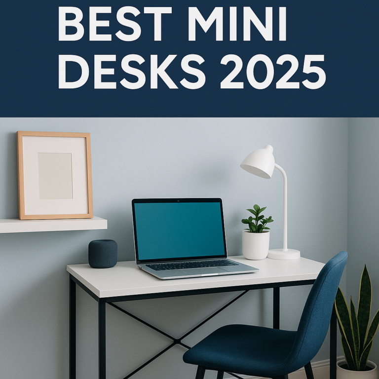 Compact home office with a mini desk, laptop, lamp, and plant – Best Mini Desks for Small Spaces 2025